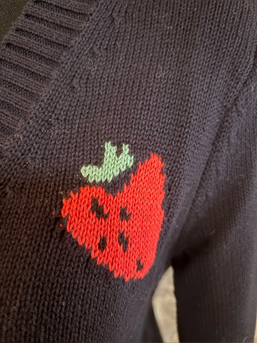 Ann Taylor Loft Navy V-Neck Strawberry Knit Sweater - Women Medium - Picture 5 of 5